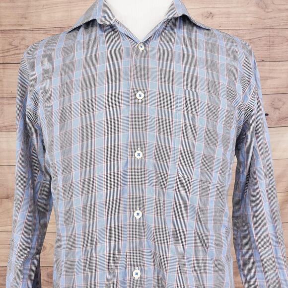 Peter Millar Shirt Mens Large Blue Brown Plaid Button Down Dress Cotton Check - Picture 1 of 8